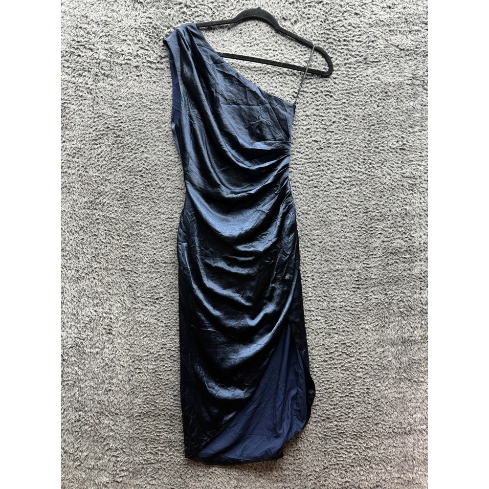 Elliatt Cassini Satin One-Shoulder Cocktail Midi Dress Navy Blue Womens‎ Size XS